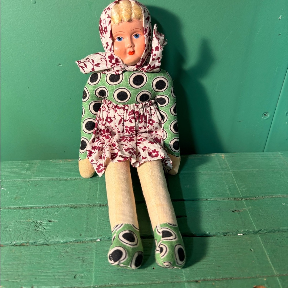 1940s Polish Cloth Doll Hand Painted Face Makes Each Special Vintage